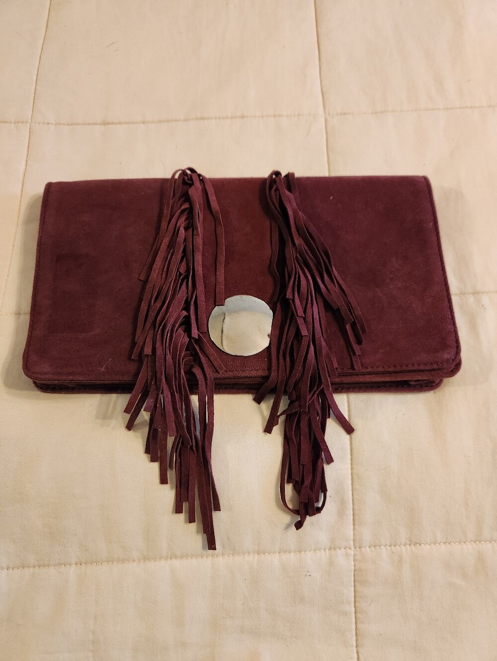 Ten79LA Purse, Nyla Burgundy Clutch Handbag Boho Suede Fringe EUC Silver Tone